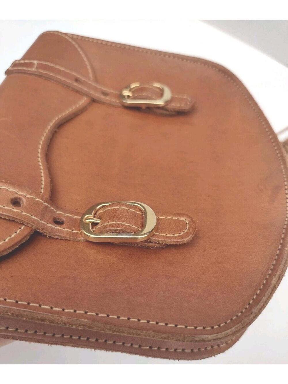 VTG 70s Handmade Leather Boho Mini Satchel Crossbody Bag Gold Buckle U‑Shape - Picture 3 of 8